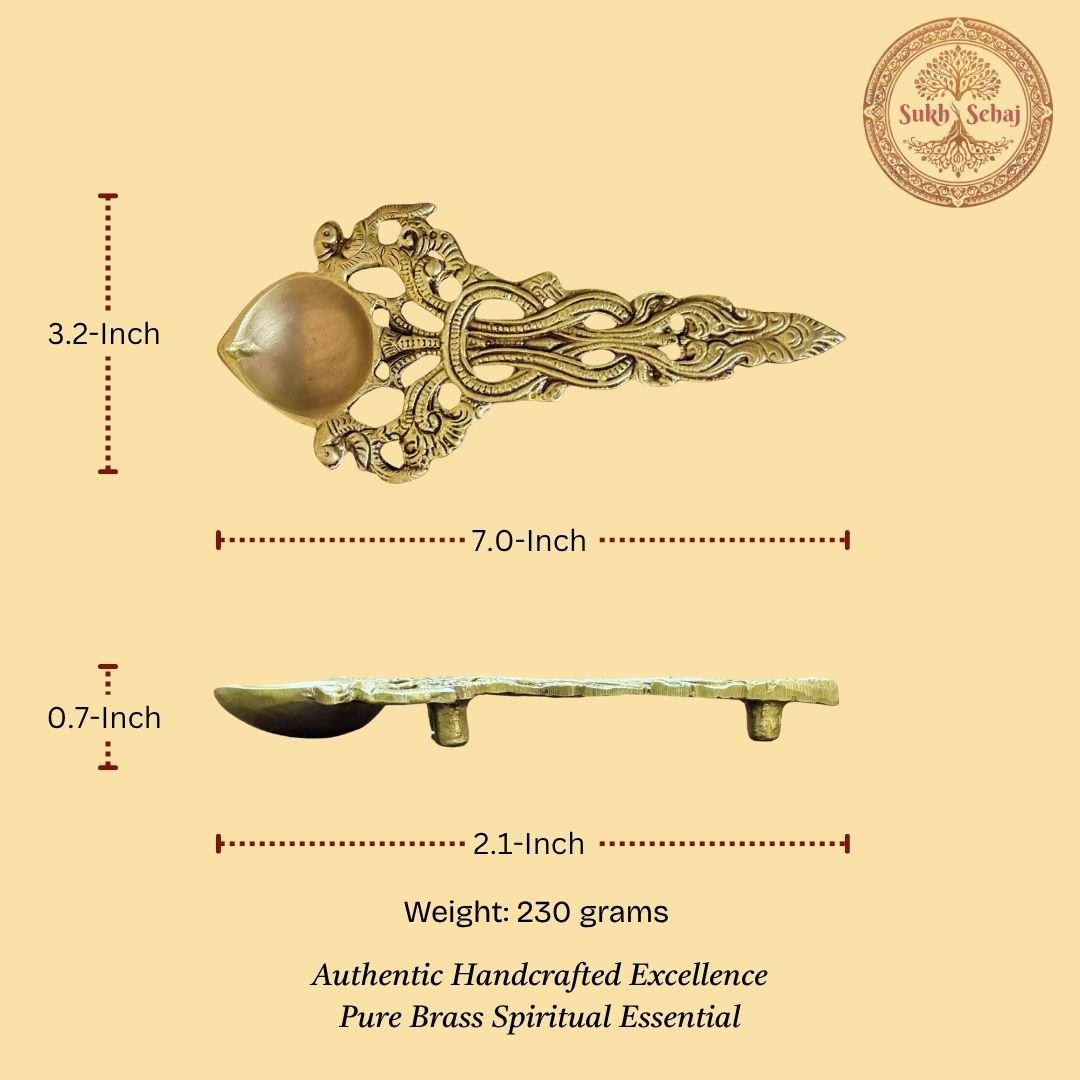 Mayur Aarti Diya | Handcrafted Brass Camphor or Oil Holder, Antique Yellow Finish, 7.0 Inch Length, for Home Temple, Decor, Pooja Ritual and Gifting - Image 5