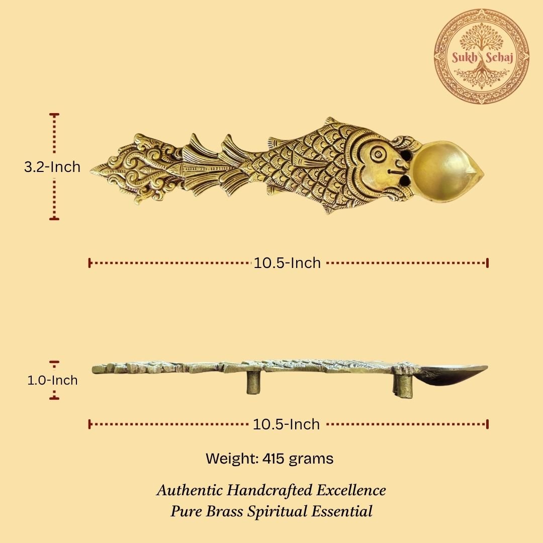 Matsya Avatar Aarti Diya | Handcrafted Brass Camphor or Oil Holder, Antique Yellow Finish, 10.2 Inch Length, for Home Temple, Decor, Pooja Ritual and Gifting - Image 5