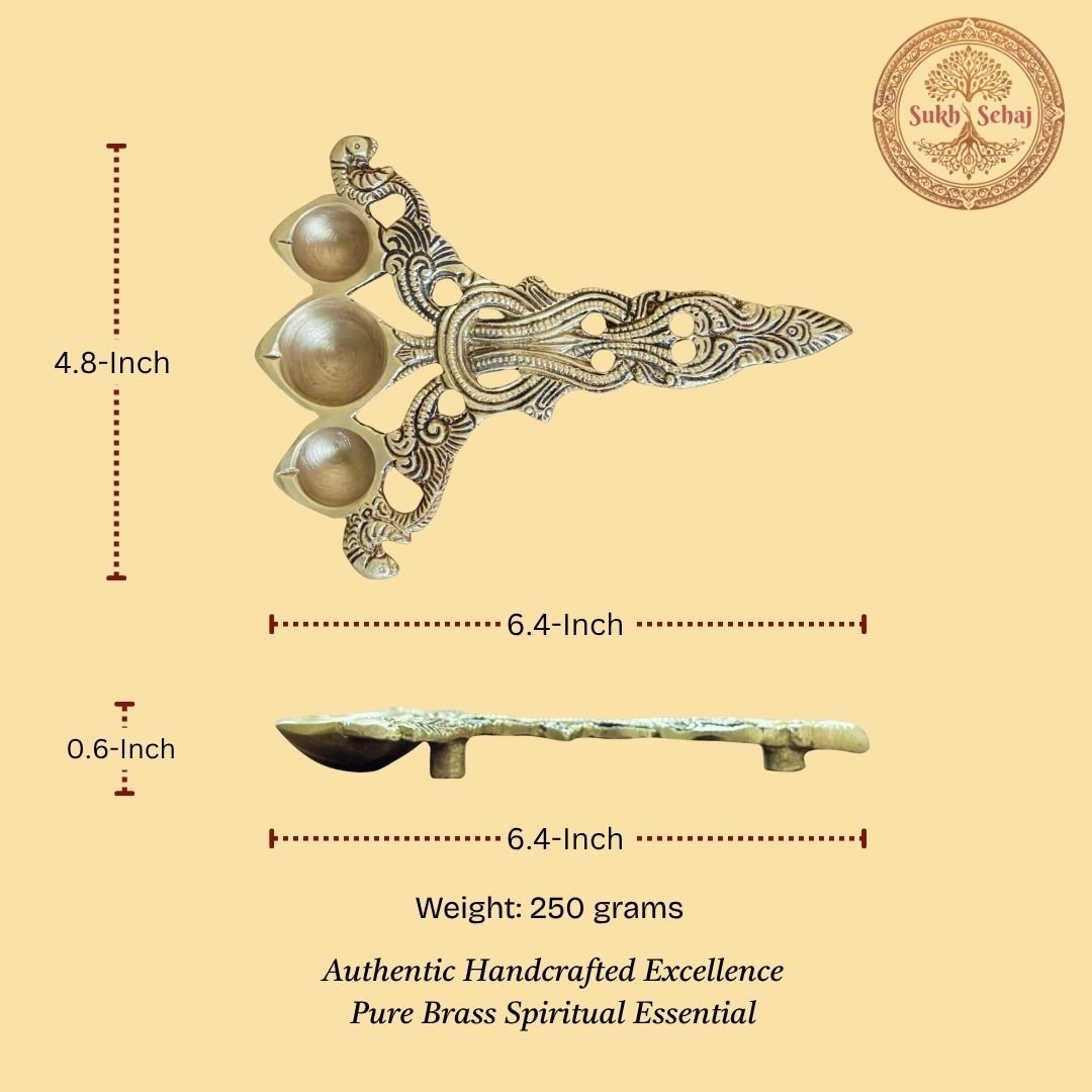 Trimukhi Aarti Diya | Handcrafted, Antique Yellow Finish, 6.4 Inch Length, for Home Temple, Decor, Pooja Ritual and Gifting - Image 5