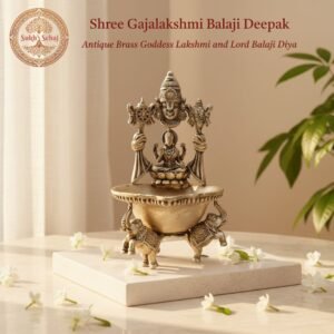 Shree Gajalakshmi Balaji Deepak, Laxmi Diya, Brass, Handcrafted, Antique Finish, 3.9 Inch Height, Oil Lamp Home Temple, Decor, Pooja Ritual and Gifting