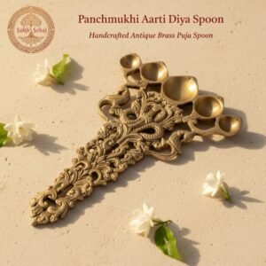 Panchmukhi Aarti Diya | Handcrafted Brass Camphor or Oil Holder, Antique Yellow Finish, 10.2 Inch Length, for Home Temple, Decor, Pooja Ritual and Gifting