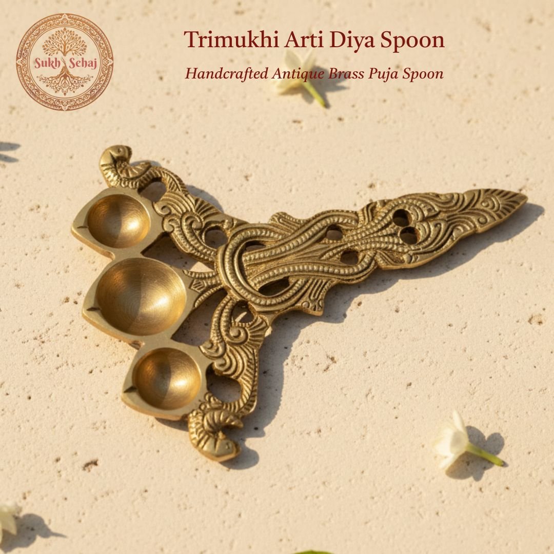 Trimukhi Aarti Diya | Handcrafted, Antique Yellow Finish, 6.4 Inch Length, for Home Temple, Decor, Pooja Ritual and Gifting