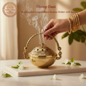 Dhoop Dani (with Handle) | Loban Burner | Incense Burner | Dhoop Batti Stand, Handcrafted, Antique Yellow Finish, 4.5 Inch Length, for Home Temple, Decor, Pooja Ritual and Gifting