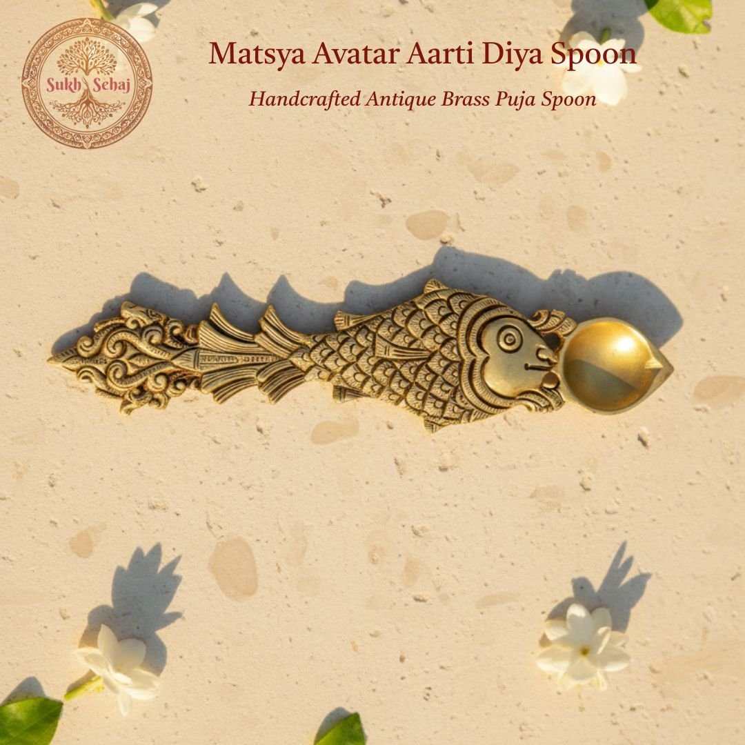 Matsya Avatar Aarti Diya | Handcrafted Brass Camphor or Oil Holder, Antique Yellow Finish, 10.2 Inch Length, for Home Temple, Decor, Pooja Ritual and Gifting