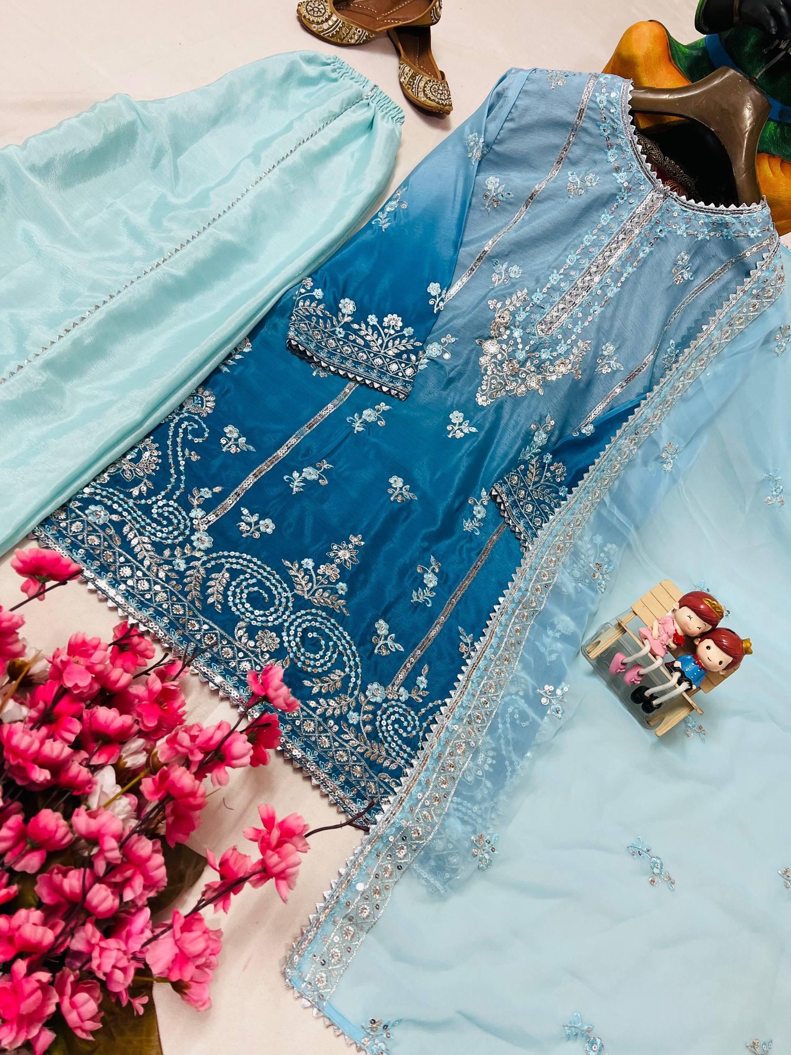 *LC 1406* โค๏ธ๐*ENHANCE THE BEAUTY OF YOUR WARDROBE WITH THIS NEWLY LAUNCHED KURTI-PLAZZO SET*๐โค๏ธ โช๏ธ FABRIC DETAILS:- ๐*KURTI:-* ๐ธ *Fabric*: Premium *CHINON SILK* ๐ธ*Inner*: micro ๐ธ*Work* : padding digital print & Beautiful 5mm sequins & zari embroidery work ๐ธ*SIZE & Length*: fully stitched to *M(38),L(40),XL(42),XXL(44)sizes* & *kurti length is 38 inch* & with 3/4 length sleeves ๐*FLARED PLAZZO:-* ๐ธ *Fabric*: beautiful *CHINON SILK* ๐ธ*Inner*: micro ๐ธ*Work* : Beautiful lace work ๐ธ*Size & Length*: fully stitched to xxl size (free size) & *plazzo length is 40-41 inch* ๐*DUPATTA:-* ๐ธ *Fabric*: beautiful *GEORGETTE* ๐ธ*Work*: 5mm sequins, Thread and zari Embroidery work ๐ธ *Length*: 2 mtrs ๐ *In package:-* Fully stitched kurti & plazzo & dupatta Weight:- 0.700 kg *๐ RATE: 1600/-* - Image 2