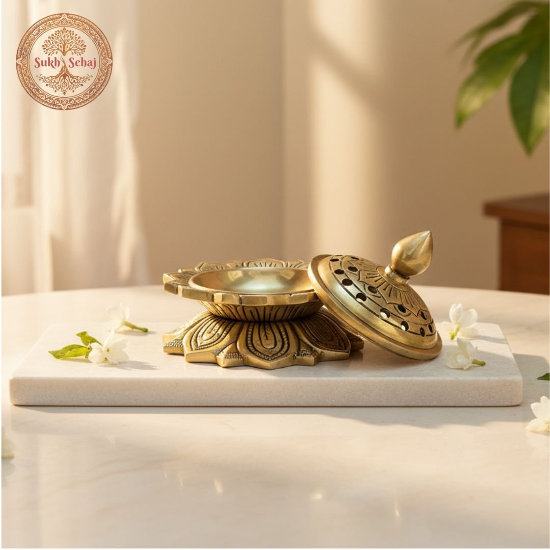 Kamal Dhoop Dani | Lotus Shaped Loban Burner | Incense Burner | Dhoop Batti Stand, Handcrafted, Antique Yellow Finish, 4.9 Inch Length, for Home Temple, Decor, Pooja Ritual and Gifting - Image 2
