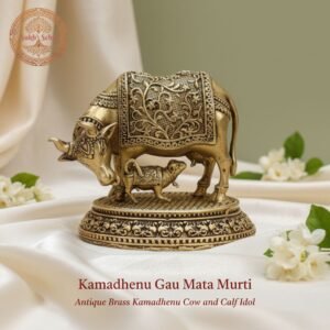 Kamadhenu Cow Murti | Brass Murti | Handcrafted, Antique Yellow Finish, 3.0 Inch Length, for Home Temple, Decor, Pooja Ritual and Gifting