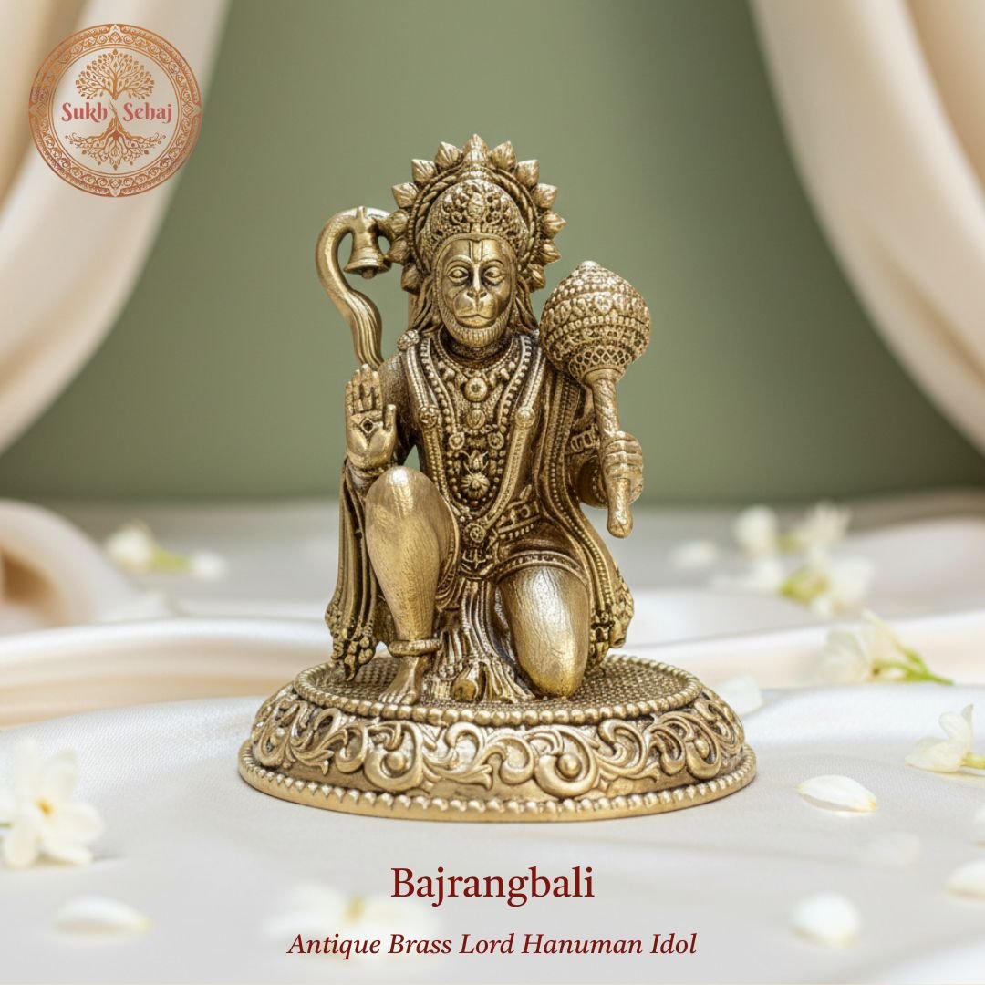 Lord Hanuman Murti | Bajrangbali Murti | Brass Murti | Handcrafted, Antique Yellow Finish, 1.7 Inch Height (Small piece), for Home Temple, Decor, Pooja Ritual and Gifting