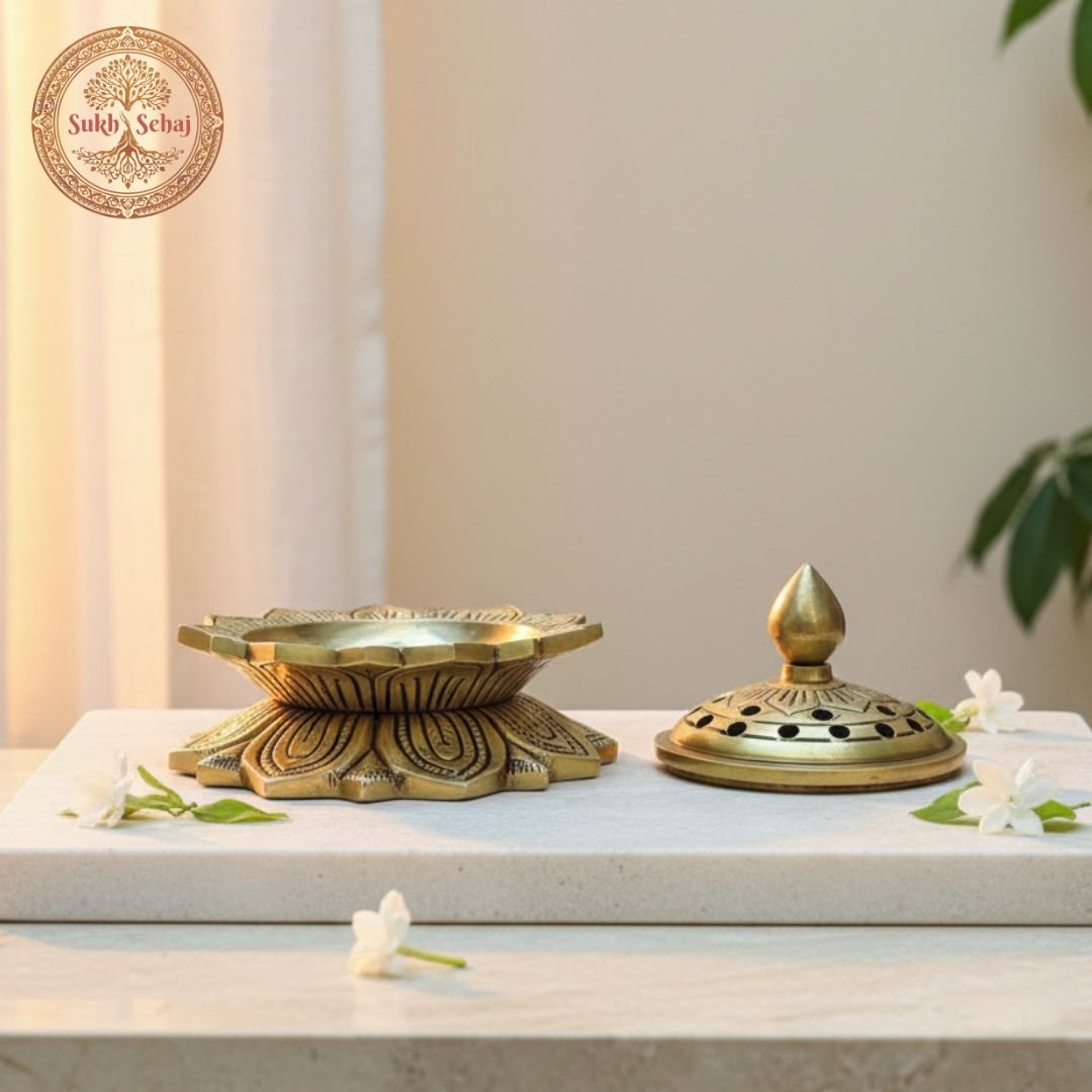 Kamal Dhoop Dani | Lotus Shaped Loban Burner | Incense Burner | Dhoop Batti Stand, Handcrafted, Antique Yellow Finish, 4.9 Inch Length, for Home Temple, Decor, Pooja Ritual and Gifting - Image 3