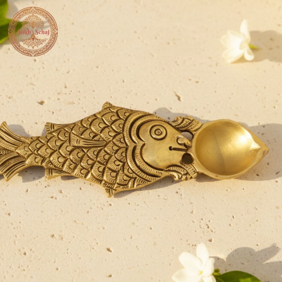 Matsya Avatar Aarti Diya | Handcrafted Brass Camphor or Oil Holder, Antique Yellow Finish, 10.2 Inch Length, for Home Temple, Decor, Pooja Ritual and Gifting - Image 2