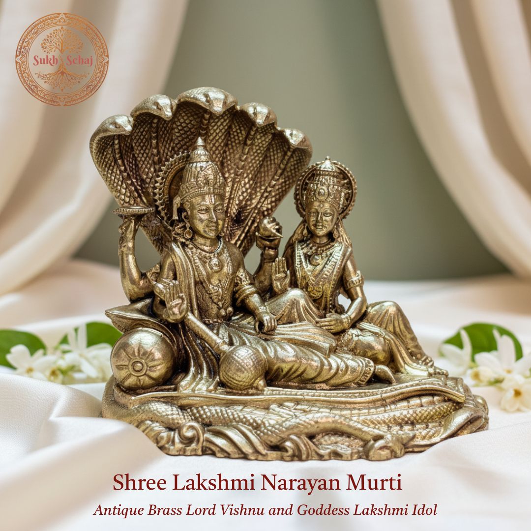 Shree Lakshmi Narayan Murti | Brass Murti | Handcrafted, Antique Yellow Finish, 2.7 Inch Length, for Home Temple, Decor, Pooja Ritual and Gifting