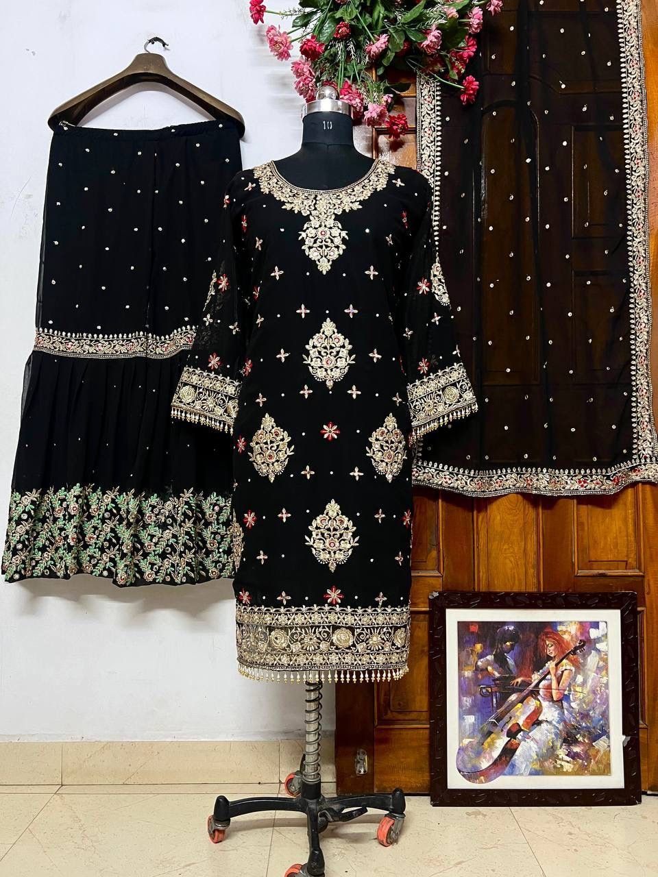 Georgette Long Kurti With Embroidered Georgette Sharara - Image 2