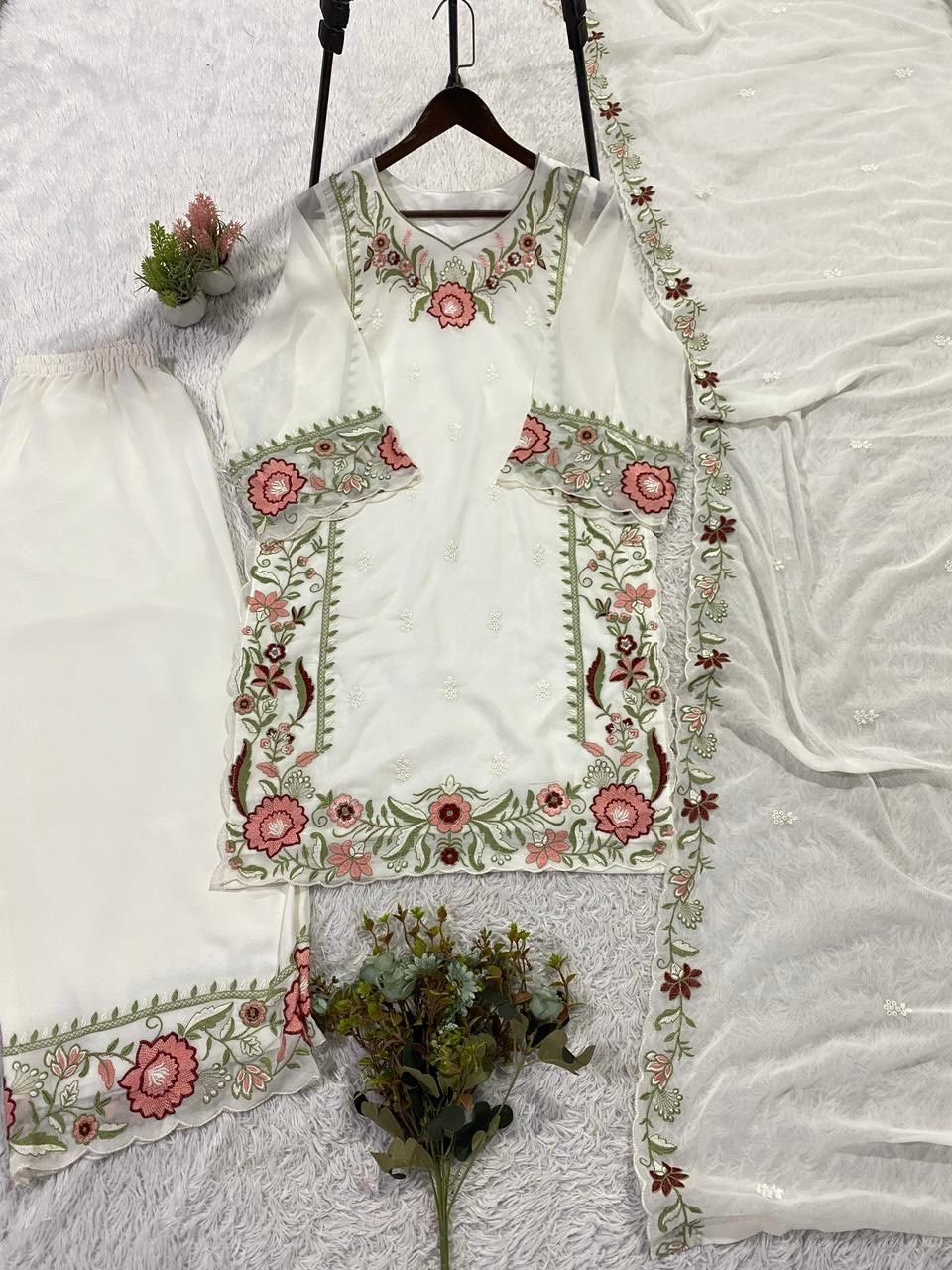 Embroidered Top Plazo With Dupatta - Image 2