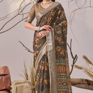 Linen Cotton Digital Floral Print Saree with Blouse Piece