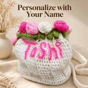 Handmade crochet rose beg with cutimaze your name also