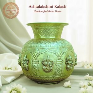 Sukh Sehaj Ashtalakshmi Kalash, Brass, Handcrafted, 8.0 Inch Height, Antique Yellow Finish, Pooja Vessel for Home Decor, Pooja Ritual and Gifting