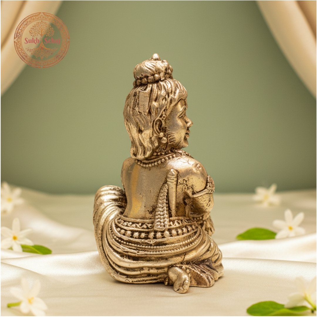 Sukh Sehaj Bal Gopal (Shree Krishna) Murti | Brass Murti | Handcrafted, Antique Yellow Finish, 2.5 Inch Height, for Home Temple, Decor, Pooja Ritual and Gifting - Image 4