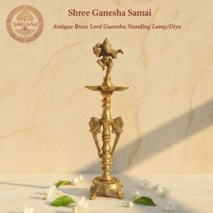 Lord Ganesha Samai (Standing Diya), Handcrafted, Antique Yellow Finish, 12.8 Inch Height, Oil Lamp Home Decor, Pooja Ritual and Gifting