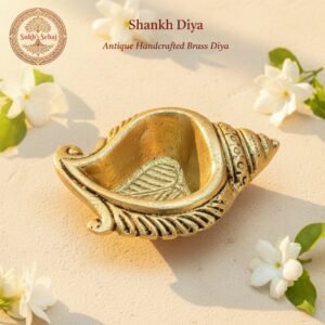 Shankh Diya, Handcrafted, Antique Yellow Finish, 3.0 Inch Wide, Oil Lamp Home Decor, Pooja Ritual and Gifting