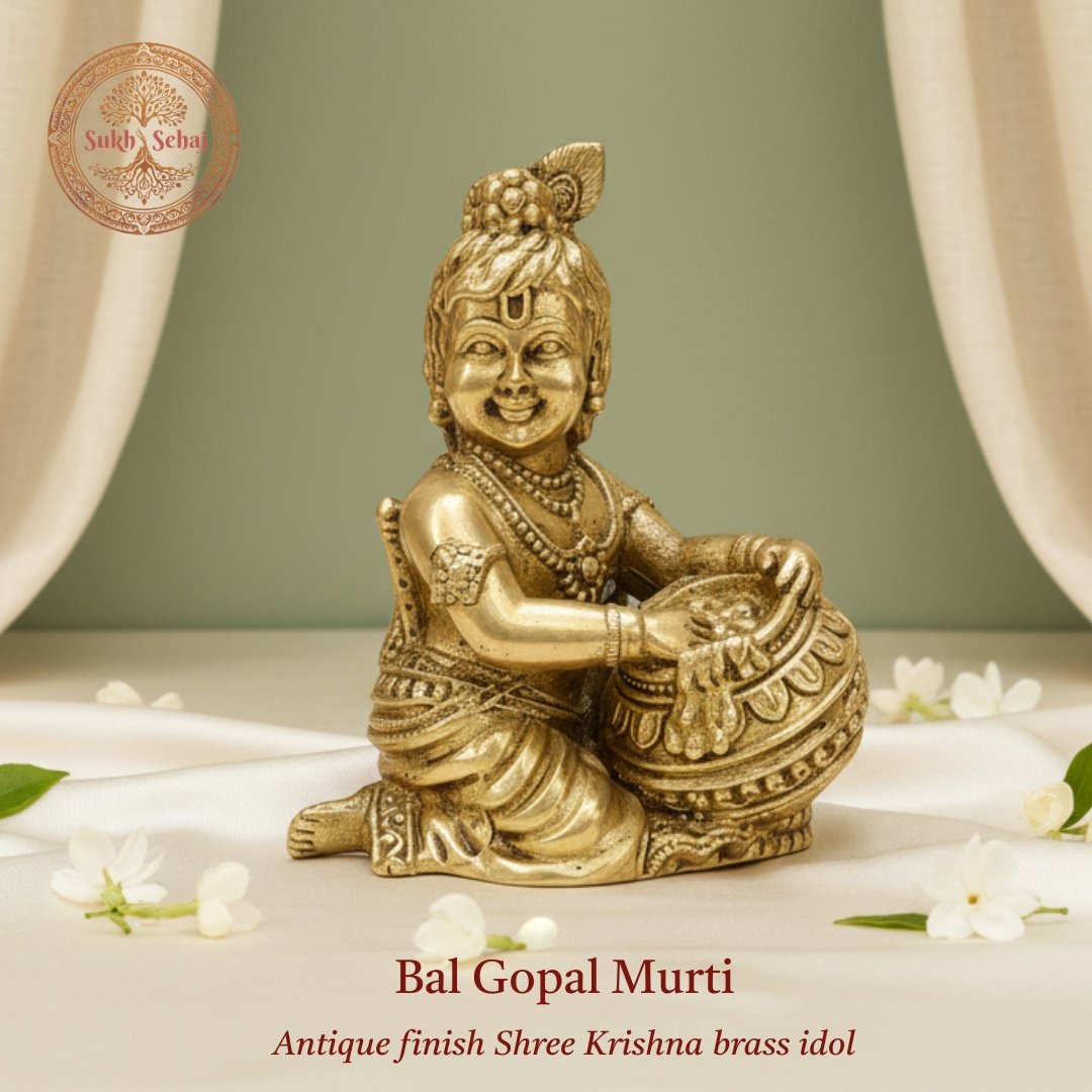 Sukh Sehaj Bal Gopal (Shree Krishna) Murti | Brass Murti | Handcrafted, Antique Yellow Finish, 2.5 Inch Height, for Home Temple, Decor, Pooja Ritual and Gifting