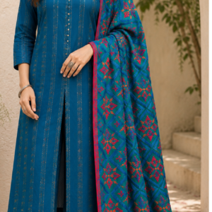 Blue phulkari dupatta with teal suit material