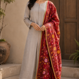 Red Phulkari dupatta with beige glace cotton suit material